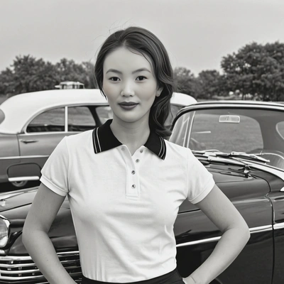 1950s polo shirt next to vintage convertible, black and white