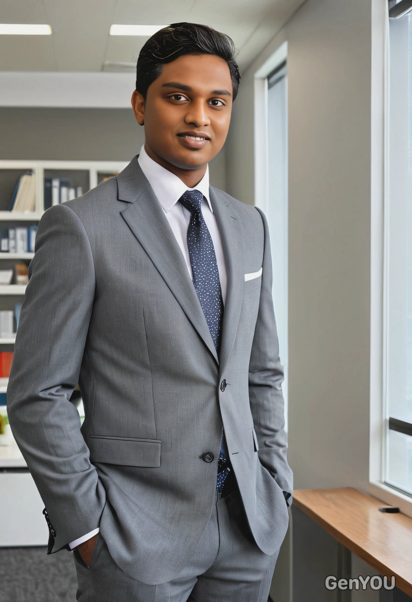 as a business executive, dressed in a sharp gray suit, standing in a modern office 