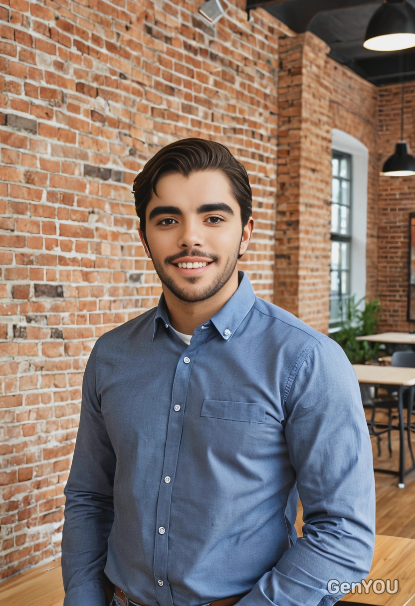 at a co-working space with exposed brick walls, blurred background