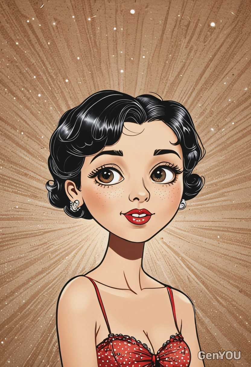 Hand-drawn flat cartoon style, Betty Boop, classic outlines, oversized cartoon big sparkling eyes, vintage spotlight lighting, waist-up portrait, retro stage background