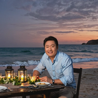 enjoying a candlelit dinner on the beach, with lanterns illuminating their table and the ocean waves softly lapping the shore