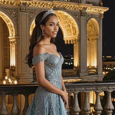 a princess standing on a grand palace balcony at night, wearing a sparkling gown as she gazes out over the illuminated city below