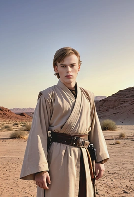 as Luke Skywalker from Star Wars, wearing Jedi robes, standing in a desert landscape with twin suns in the background
