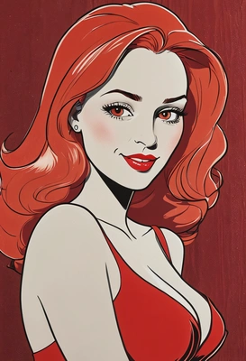 Hand-drawn flat cartoon style, disney 30s cartoon, Jessica Rabbit from Who Framed Roger Rabbit, red hair, thin outlines, oversized eyes, sultry red spotlight lighting, waist-up portrait, vintage jazz club background