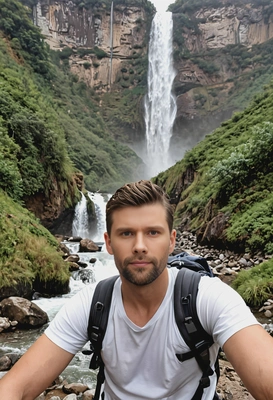 A traveler standing near waterfalls in a mountainous region, look at the camera