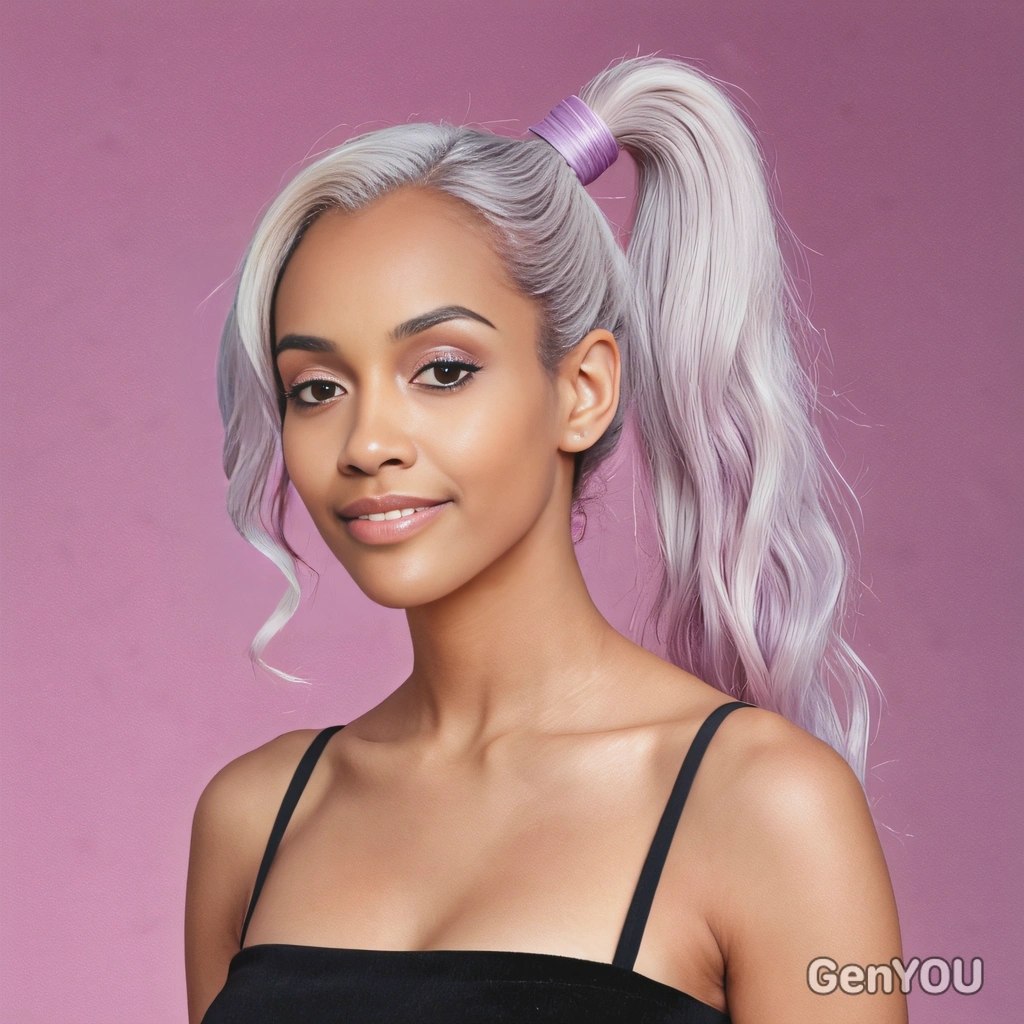high ponytail with pastel purple streaks on a platinum blonde base, styled with subtle waves, against a neon pink-lit background