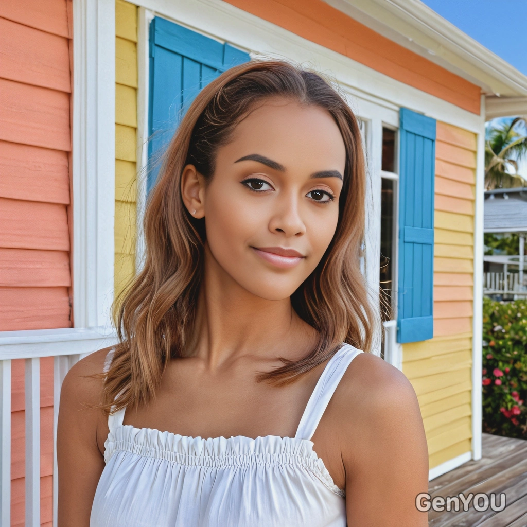 close-up, with a half-up, half-down hairstyle, in a simple cotton sundress, against the colorful façade of a beach house