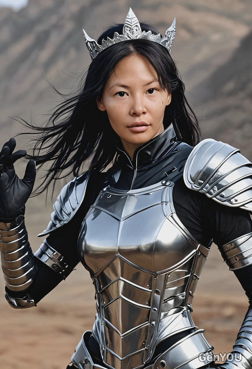 @me in a battle, athletic build, silver armour, black gloves, long dark hair, tiara, symmetrical details of clothing, ready to fight, early morning, high-quality stylized image
