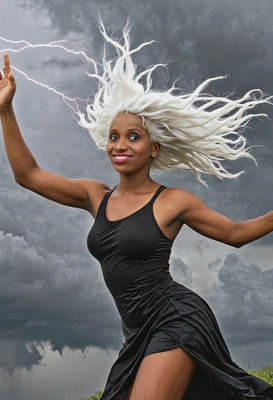 Storm summoning a tornado, white hair flowing in the wind