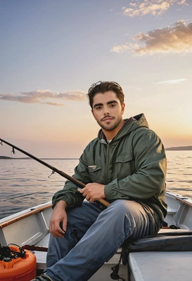 as a fisherman at dawn, in a boat, with a peaceful expression and a fishing rod