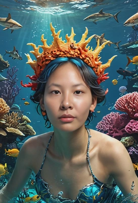 As a ruler of sea creatures, swimming under water, corals, sharks around, wearing a small fragile crown, eyes on you, smiling, vivid colors, symmetrical clothing details, video game style, high-quality stylized art