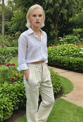 in a breezy shirt and linen pants taking a peaceful walk through a botanical garden 