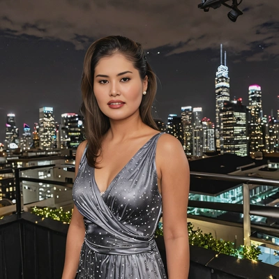 as a woman in a silk dress, standing on a rooftop terrace overlooking a city skyline at night, with the twinkling lights in the background, pretty smile 