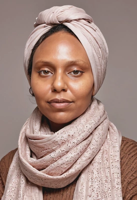 with flawless, radiant skin, highlighting a dewy and fresh complexion achieved with skincare-infused makeup, happy, looking up, scarf