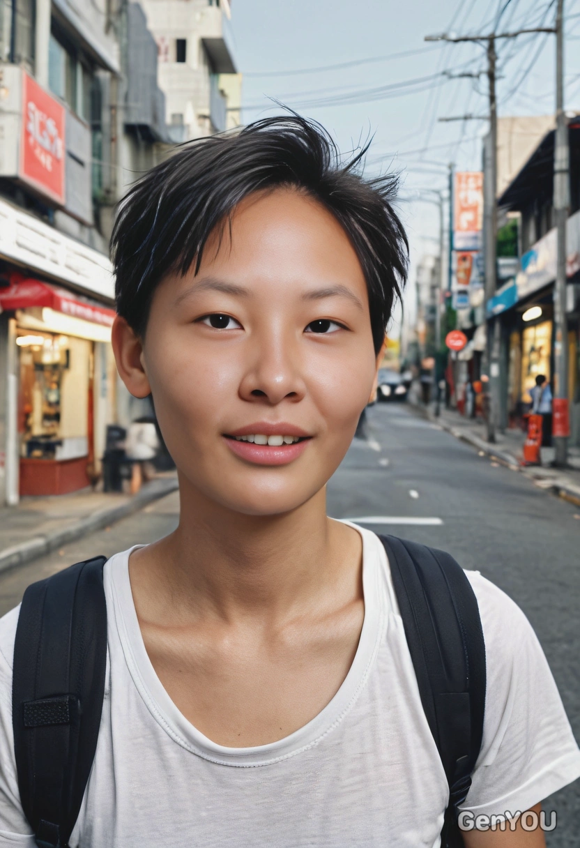 blurry street in the background, hyperrealistic, cinematic shot, smiling