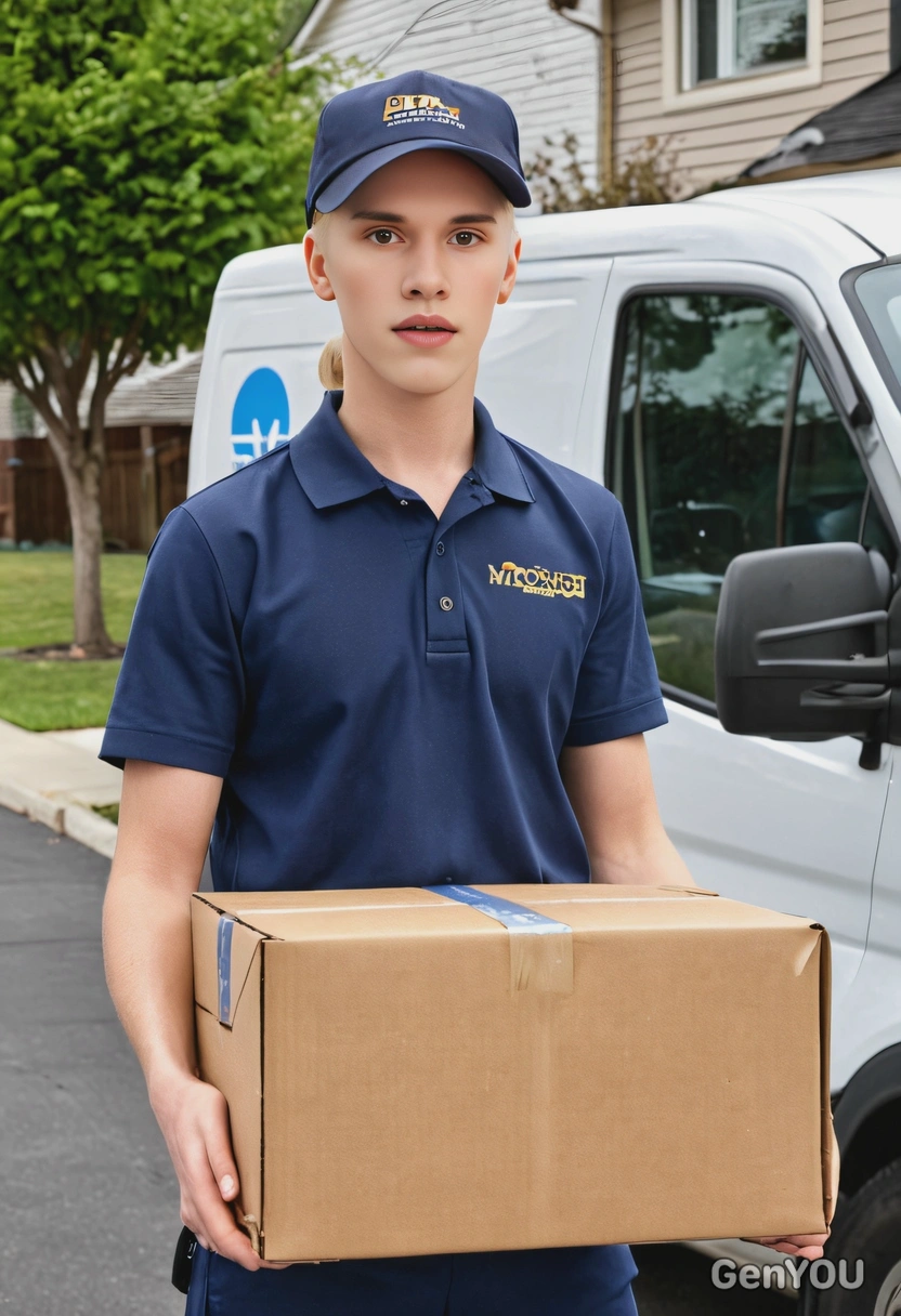 as a delivery person, wearing a branded uniform with a cap, holding a package, standing next to a delivery truck parked on a suburban street