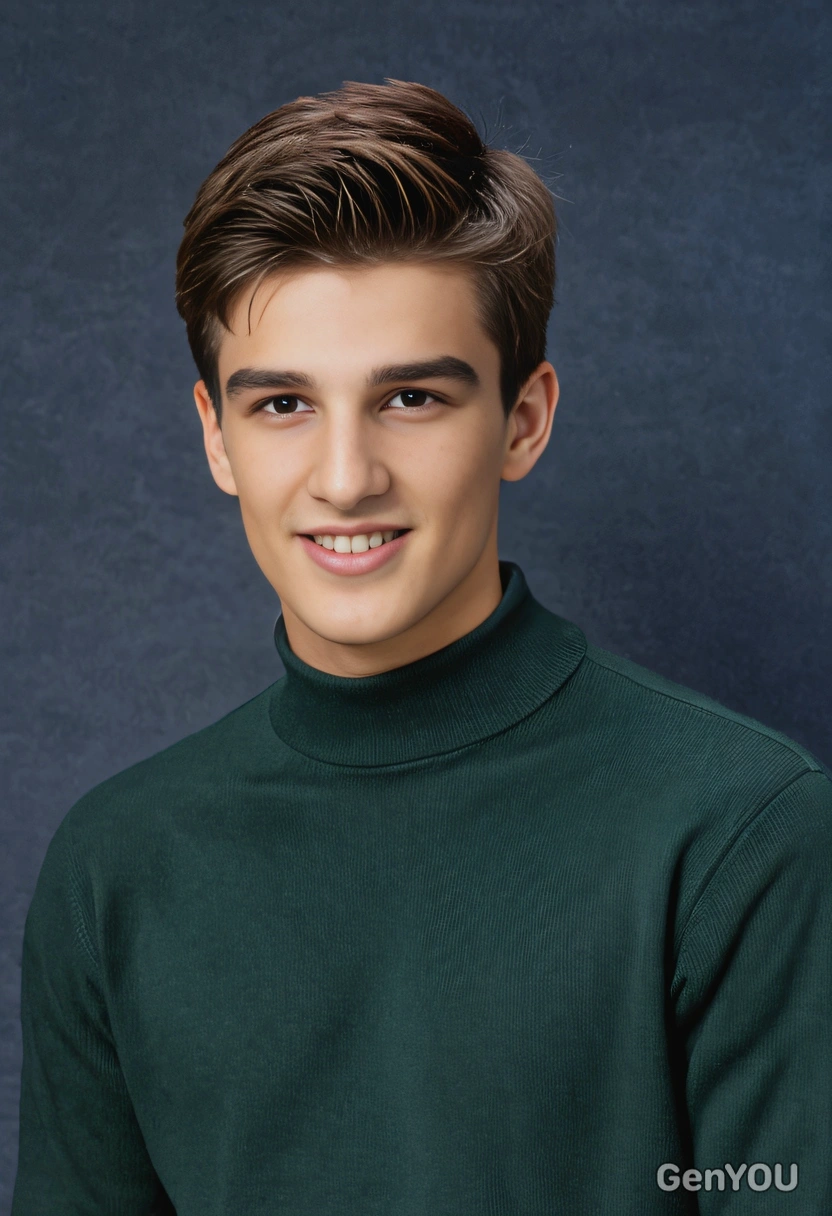 student with slicked-down hair, in a ribbed dark green mock neck shirt, with an introspective look, murky blue yearbook backdrop 