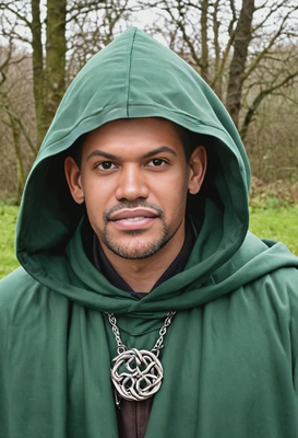 As a Celtic druid, wearing a green hooded cloak