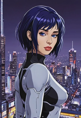 2D anime style, bold outlines, Ghost in the Shell, Motoko Kusanagi, deep blue hair, oversized anime eyes, futuristic cityscape, waist-up frame