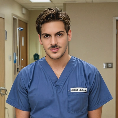 as John "J.D." Dorian  from Scrubs, in plain blue scrubs, in the hospital 