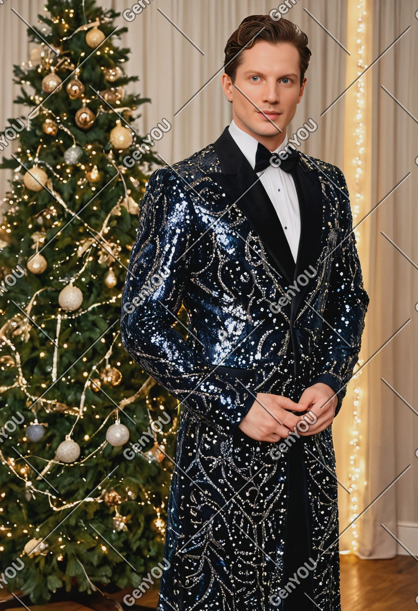 dressed in a glamorous sequined holiday gown, standing in a room with a grand Christmas tree and sparkling lights