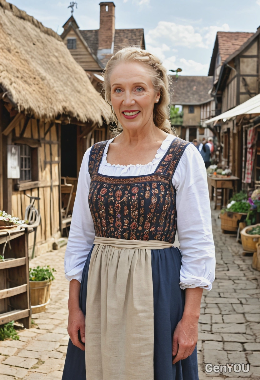 wearing a medieval peasant's dress with a linen apron, standing in a rustic village square with wooden cottages and market stalls