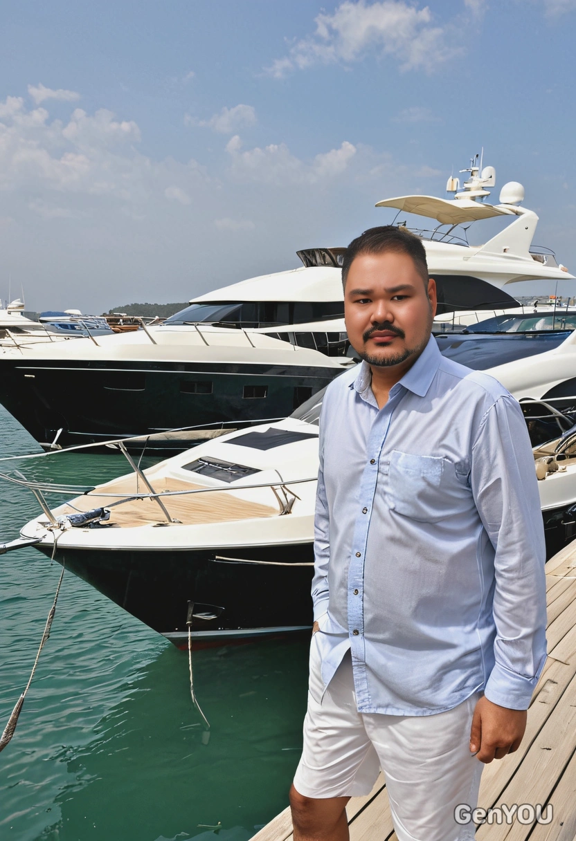 on a private dock, with a luxury yacht on the background