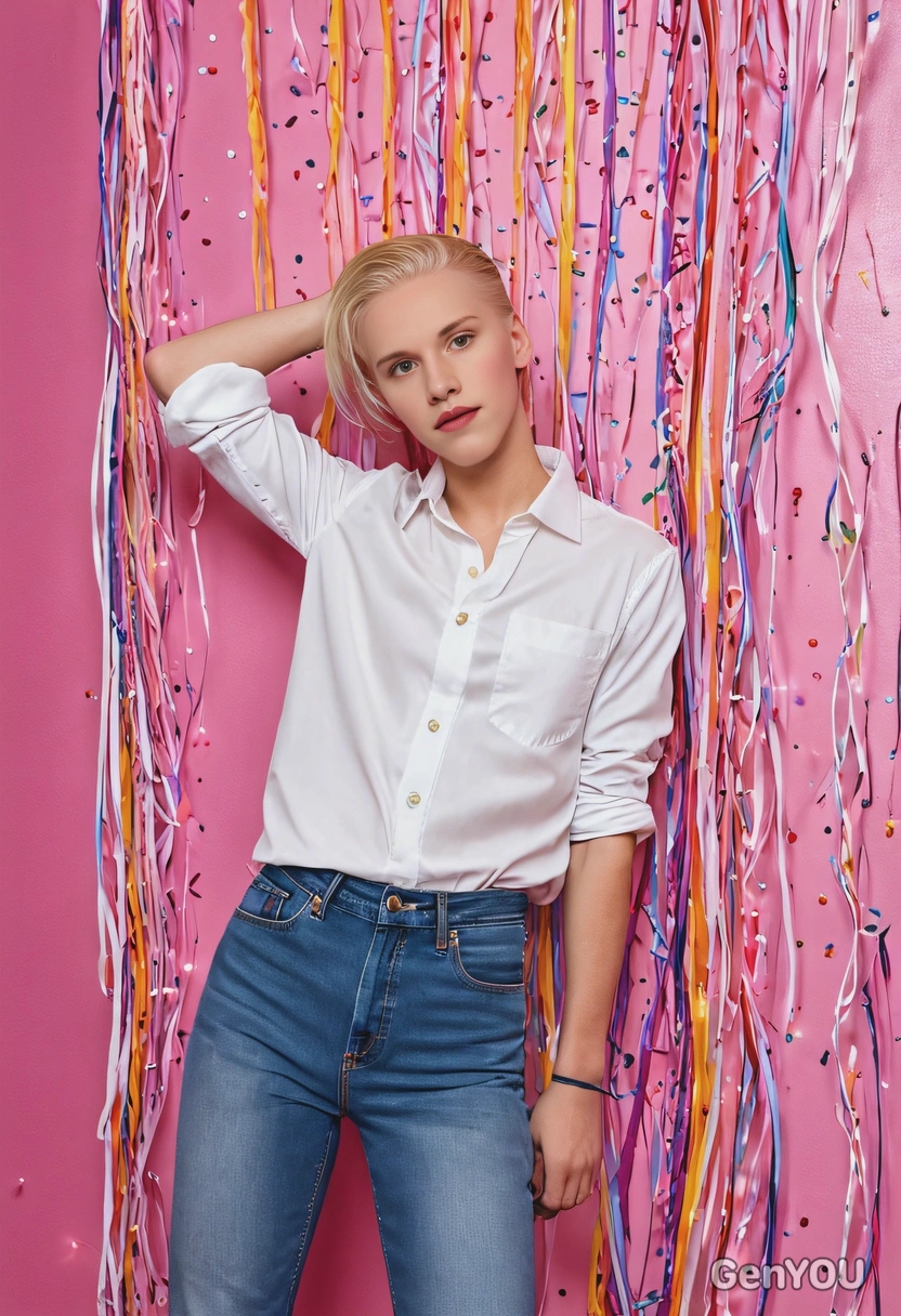 leaning against a colorful party wall covered in streamers and lights, wearing white shirt and jeans