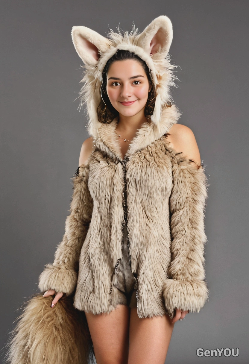dressed in furry clothing, adorned with dog fur, dog ears and tail, full-body image