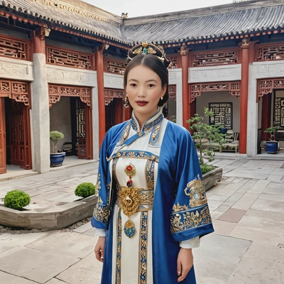 A Chinese empress standing in a luxurious courtyard