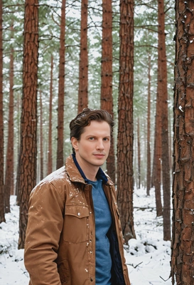 in a brown jacket, walking in a snowy forest with tall pine trees, mid-shot 