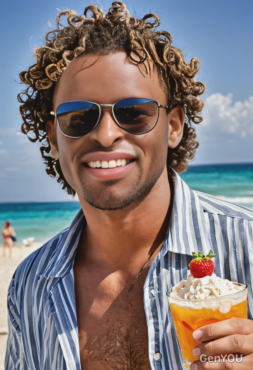 beach, drinking cocktails, looking happy, curly hair, sunglasses