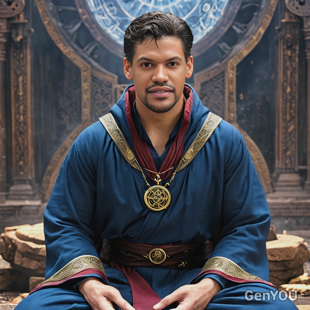 Doctor Strange meditating in a mystical realm
