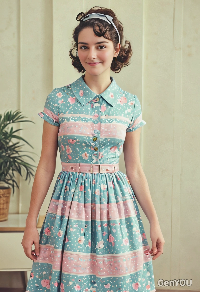 a woman wearing  a retro dress, 60s style, pastel tone, full body image, blurry background
