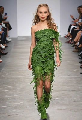as a fashion model doing a catwalk on a runway, wearing clothing created from living organisms or biological materials such as fungi or algae, natural wavy hair, relaxed dynamic pose