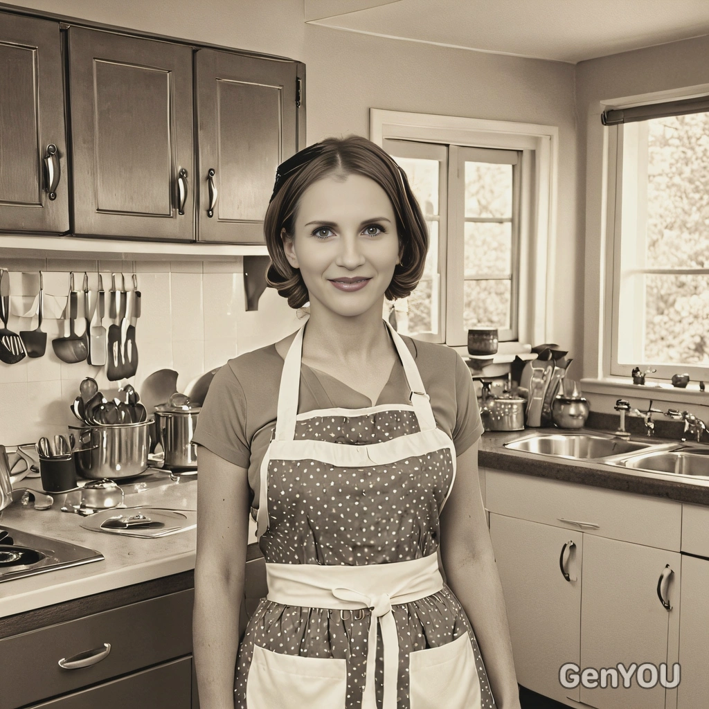 in 1950s apron, standing in a retro kitchen, with a vintage sepia effect