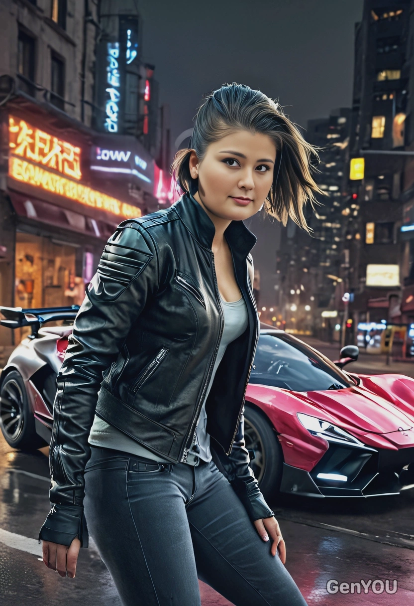 A street racer near a glowing flying hovercar, leather jacket, cyberpunk, half-body, blurred background