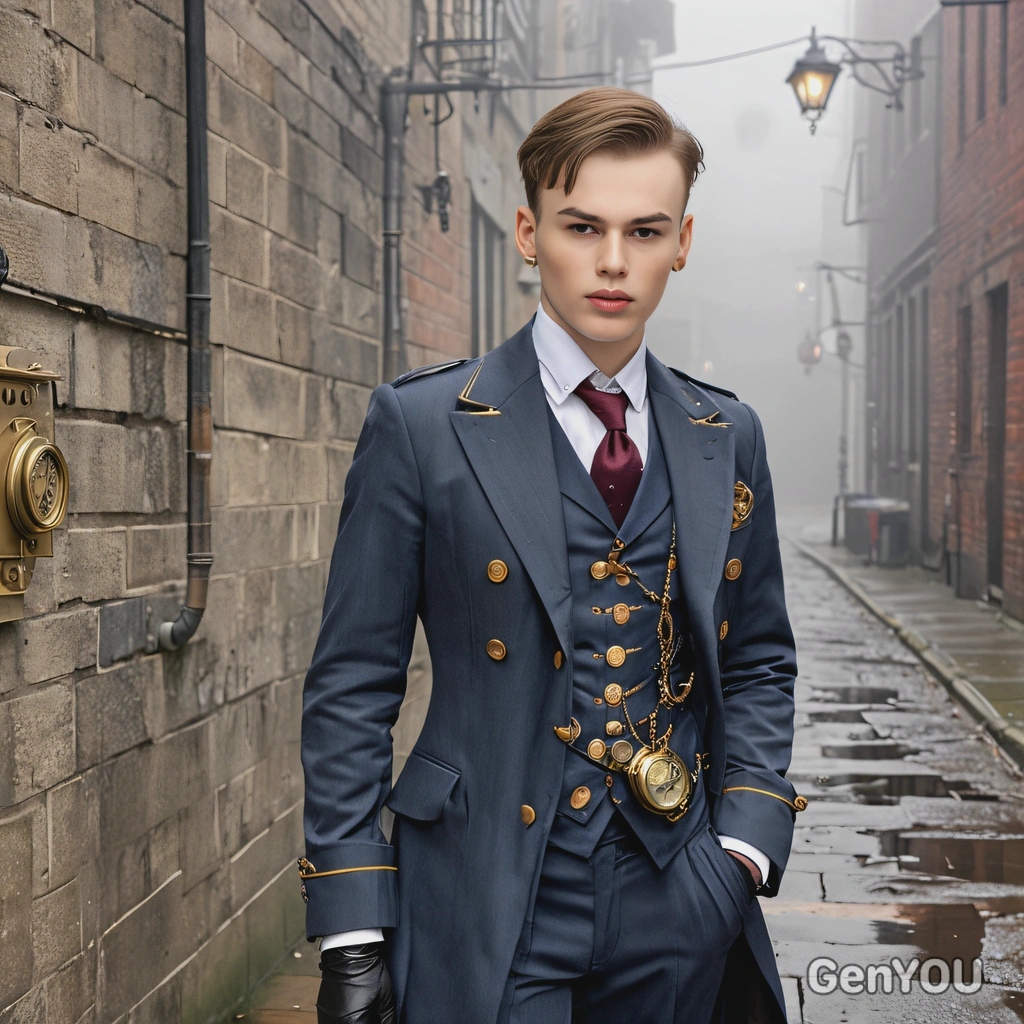 as a Steampunk detective, wearing a tailored suit with brass buttons, a pocket watch, standing in a foggy alley