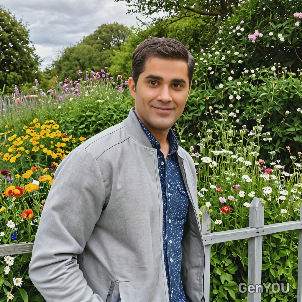 wearing a light grey jacket, leaning casually on a garden fence with wildflowers and trees in full bloom behind him