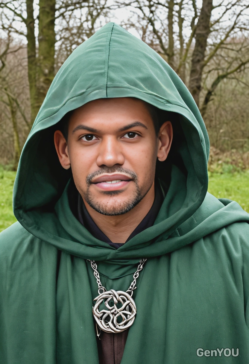 As a Celtic druid, wearing a green hooded cloak