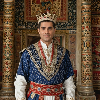a king in a traditional royal outfit,standing proudly in a grand, ancient hall lined with tapestries, half body portrait 