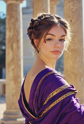 sharp quality, ancient greek aristocratic lady, wearing royal purple clothing, braided updo hairstyle, elegant posing, dreamy look, blurry panteon on the background, sun rays