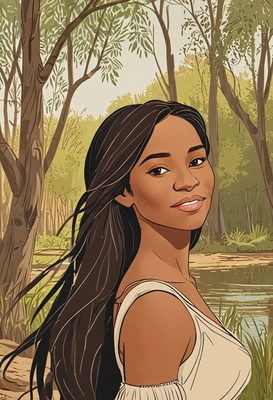 2D cartoon Disney style, Pocahontas from Pocahontas, waist-up portrait, earthy-toned multiplications with flowing, dynamic outlines, riverbank background with willow trees swaying in the breeze