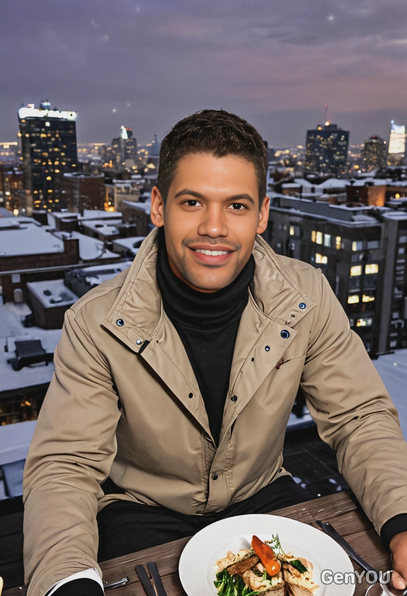 smiling, enjoying dinner on a rooftop, overlooking a snowy cityscape 