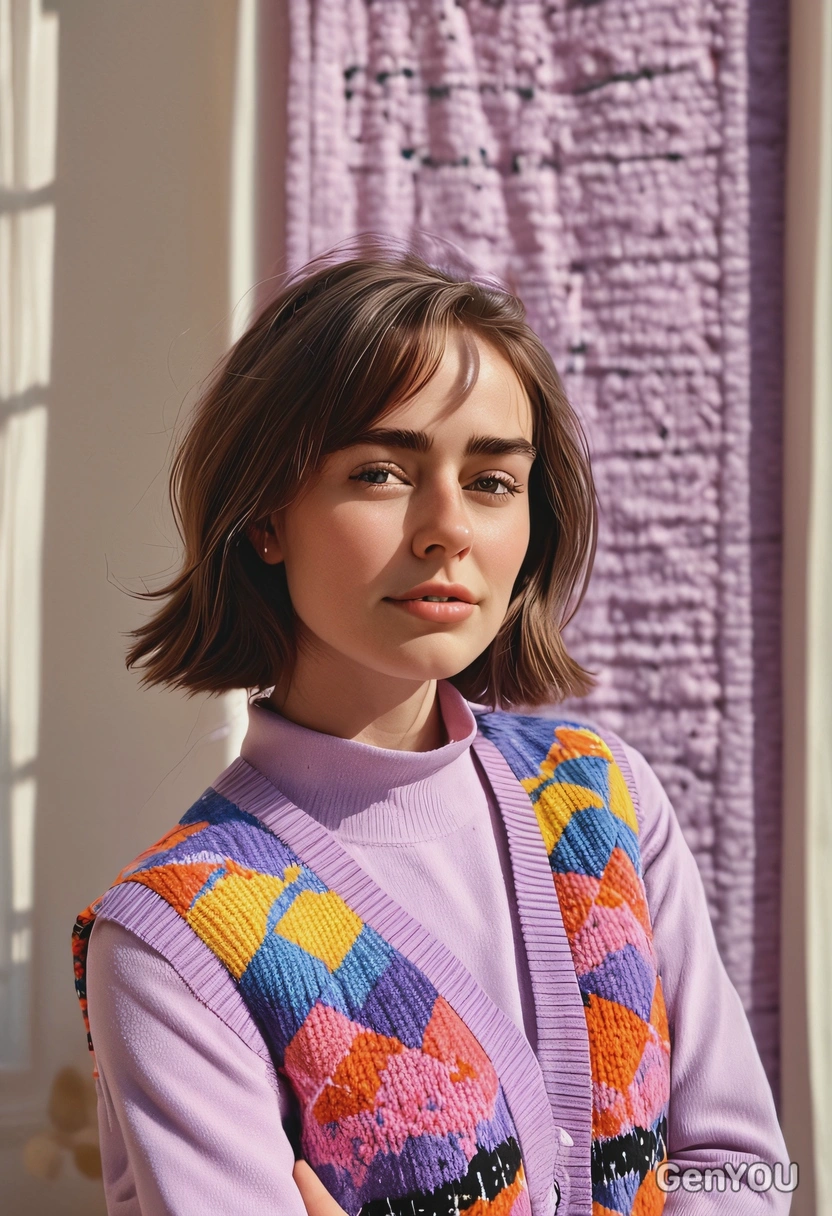 iPhone camera quality, sharp skin texture details, wearing trendy lilac chunky knit vest with abstract colorful geometric shapes pattern all over the vest, curtain bangs hairstyle, romantic photoshoot posing, blurry art gallery exhibition background, long soft shadows, morning sun rays from the window