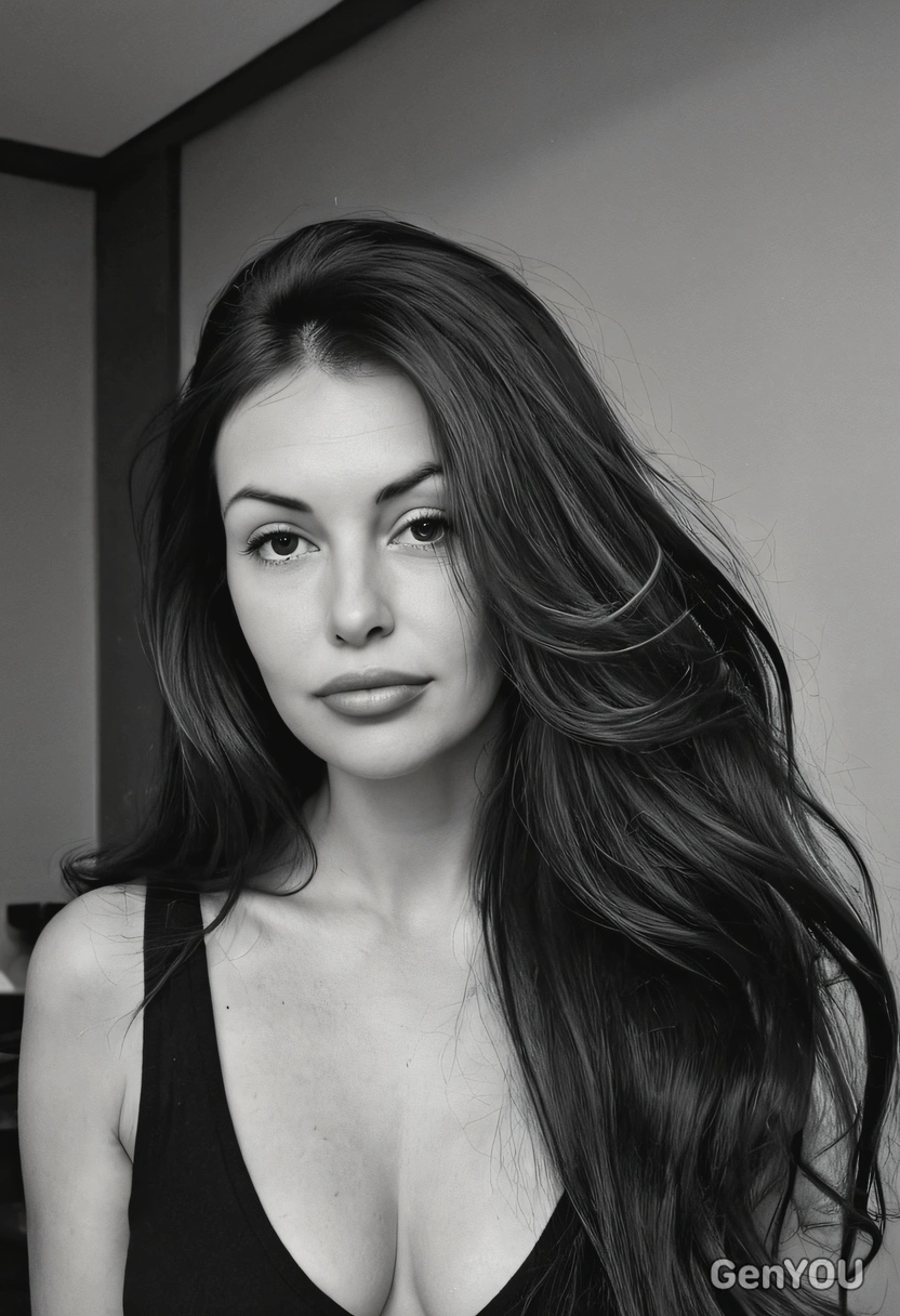 with luxurious voluminous long dark hair in natural state in a black and white picture looking in front of me, photo shoot to please instagram