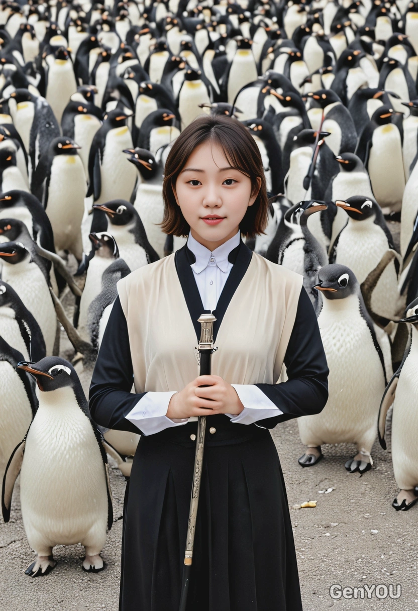  standing in front of an orchestra of penguins, holding a conductor’s baton