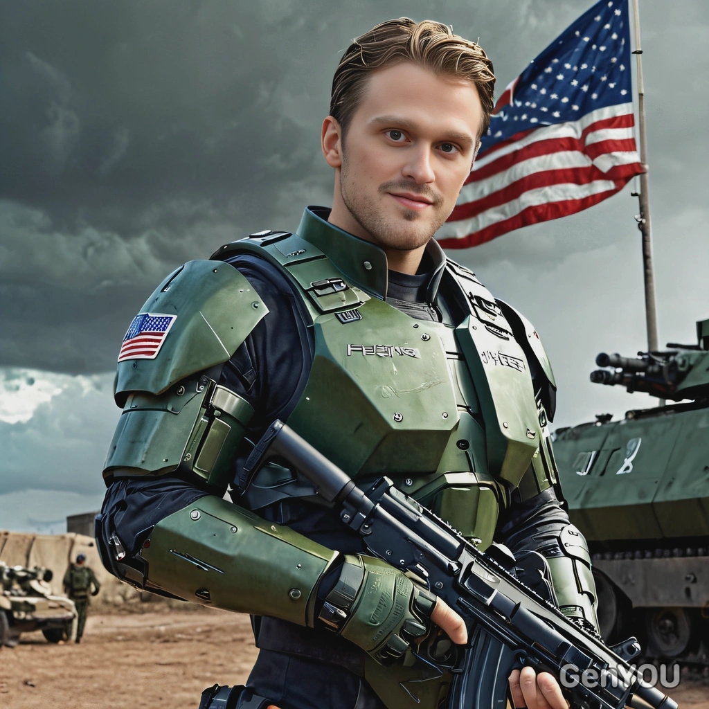 as a futuristic soldier, in green metal armor, neat haircut, smiling, assault rifle in hands, cyberpunk, military base, US flag, futuristic tank behind, looking straight at camera, dark stormy sky, vivid colors, high-quality cinematographic style
