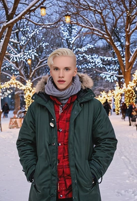 in winter coats, strolling through a snow-covered park with Christmas lights and decorations on the trees.