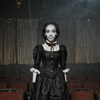 as a haunted marionette, standing lifelessly in a darkened theater filled with old, dusty seats, half body portrait 
